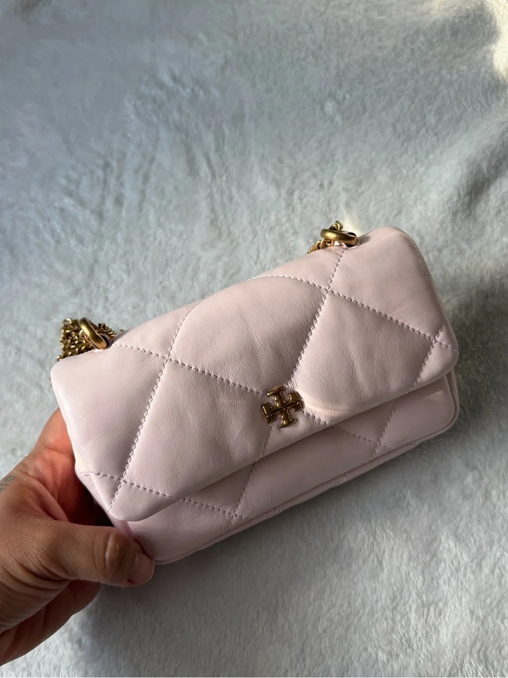 Tory Burch Quilted Pale Pink Leather Crossbody with Gold Chain